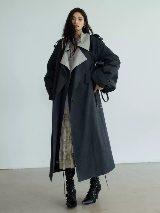 Long Bi-Color Big-Collar Ovresize Plain Trench-Coat