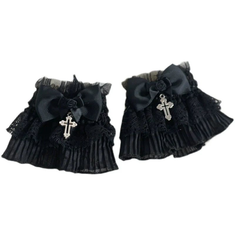 MaoJiang Handmade - Gothic Lolita Cuffs Black Rose Lace Cross Stretch Handcuff