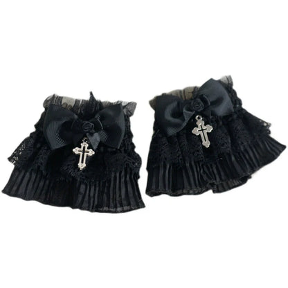 MaoJiang Handmade - Gothic Lolita Cuffs Black Rose Lace Cross Stretch Handcuff