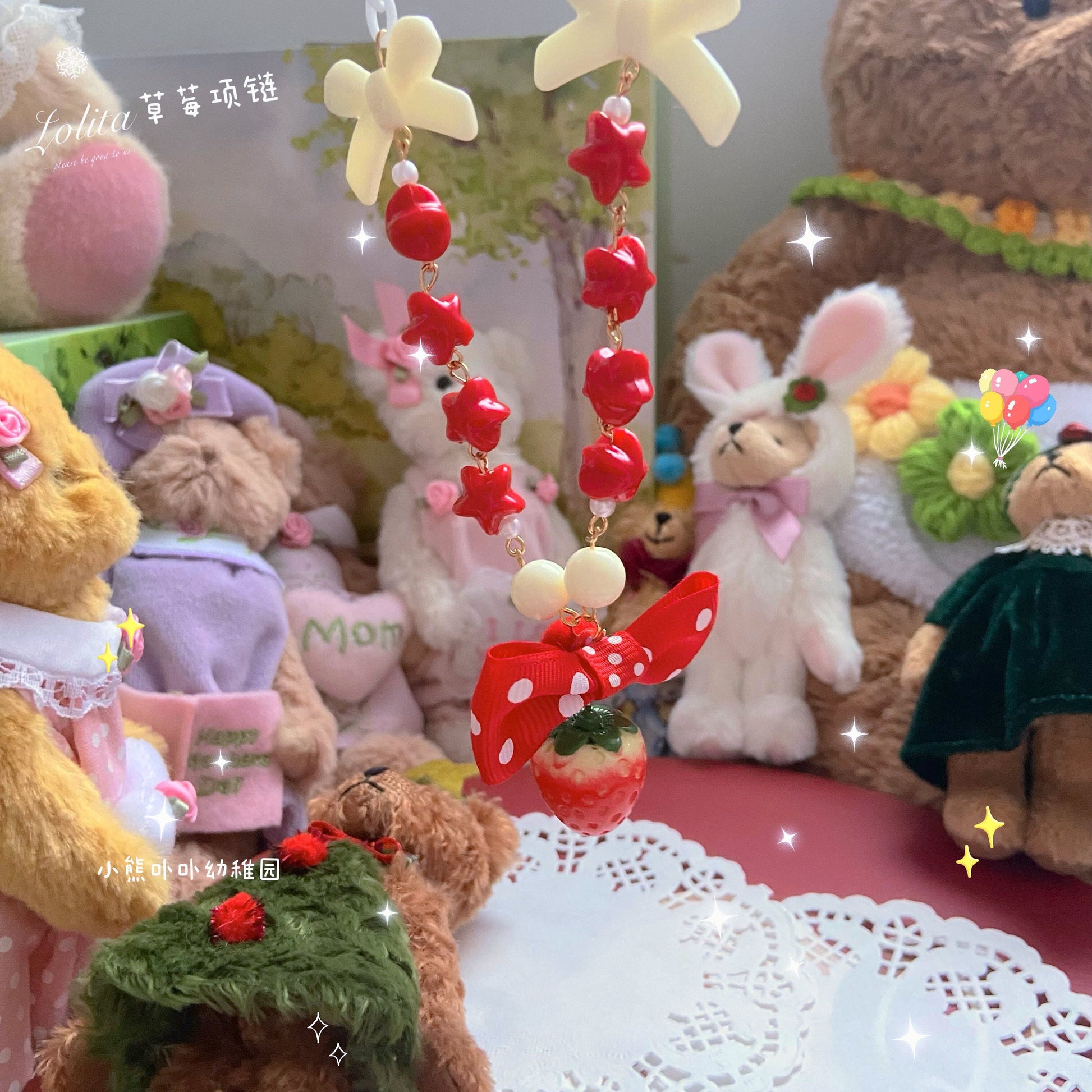 Bear Doll - Sweet Lolita Strawberry Necklace Red Polka Dot Bow
