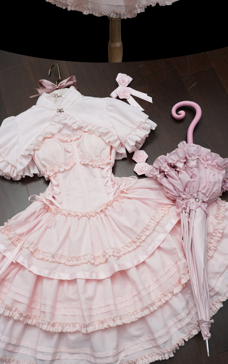 Mengfuzi - Lilith - Pink Sweet Lolita JSK Tiered Ruffle Dress with Bolero