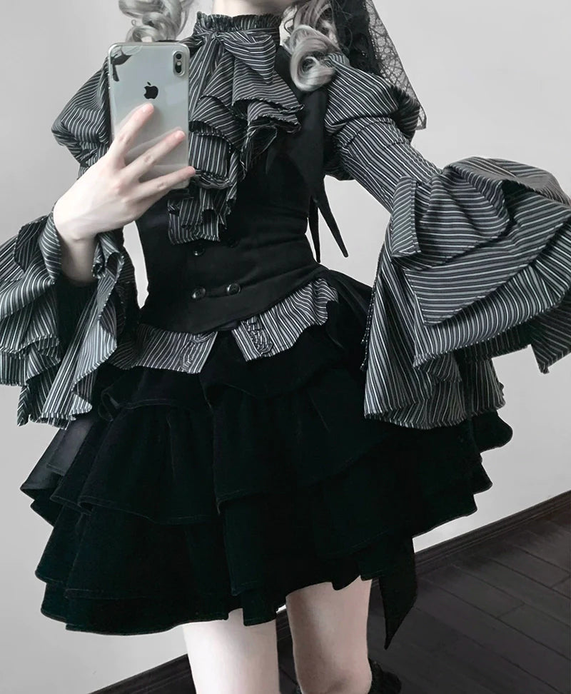 FlowerFairyDaily - Gothic Lolita Striped Shirt With Alternative NeckTie/Jabot