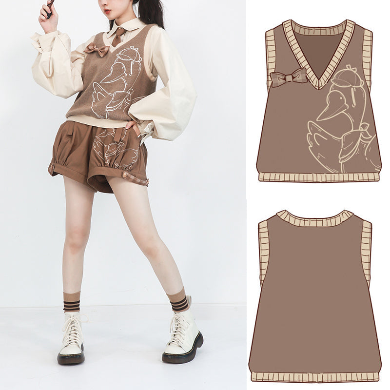 Piggy Bun - Famous Detective Goose - Ouji Lolita Retro Brown Sweater Vest