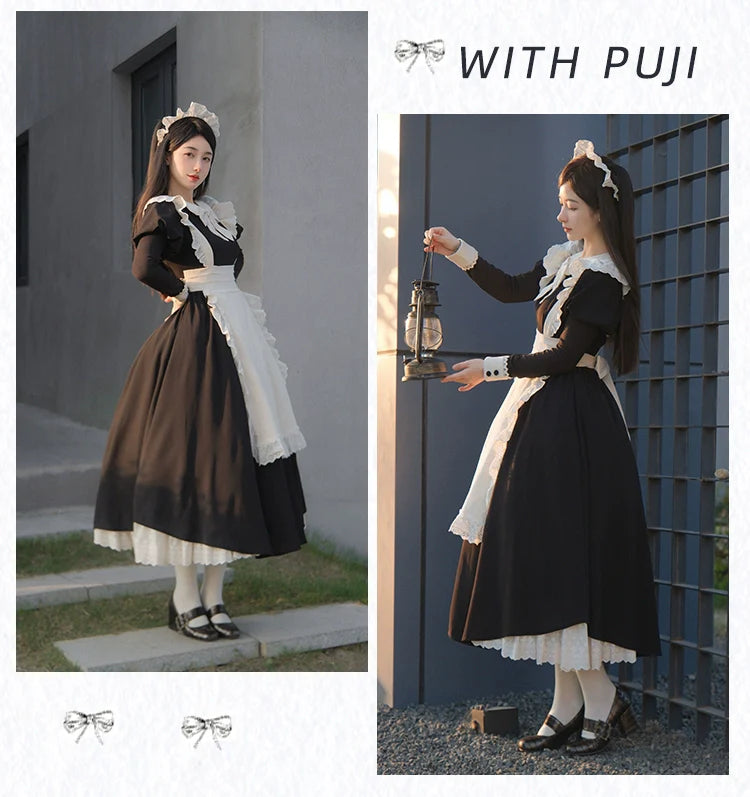 With PUJI - Kiss Kiss - Vintage Lolita OP Dress Maid Lolita Apron Dress