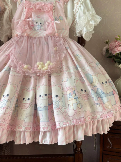 Suiyi - Meow Pompom - Sweet Lolita Salopette Dress Suit, Cat Print