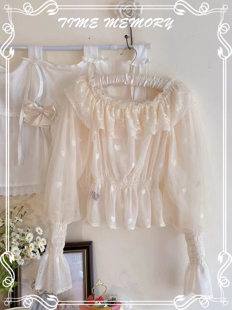 Time Memory - Layered Heart - Sheer Classic Shirt with Mutton Sleeves & Polka Dot