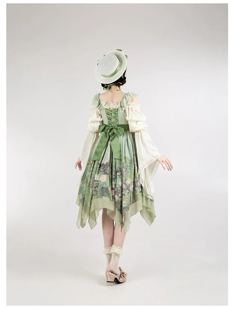 With PUJI - Blooming Rose - Chiffon Classic Lolita Dress Set Painting Styled OP & JSK