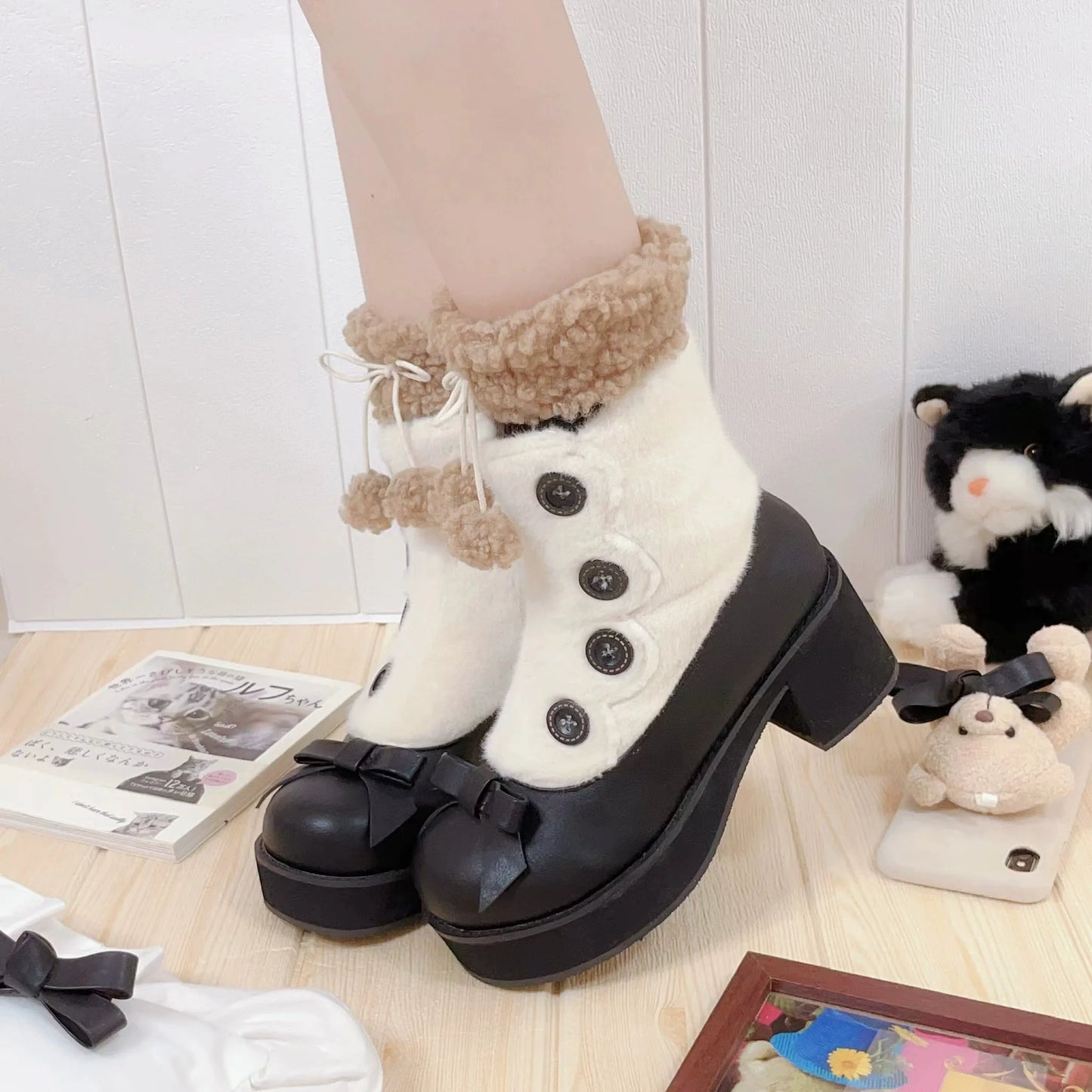 Dolly Doll - Winter Lolita Boots Fur Mary Jane Lolita Low Heel Shoes