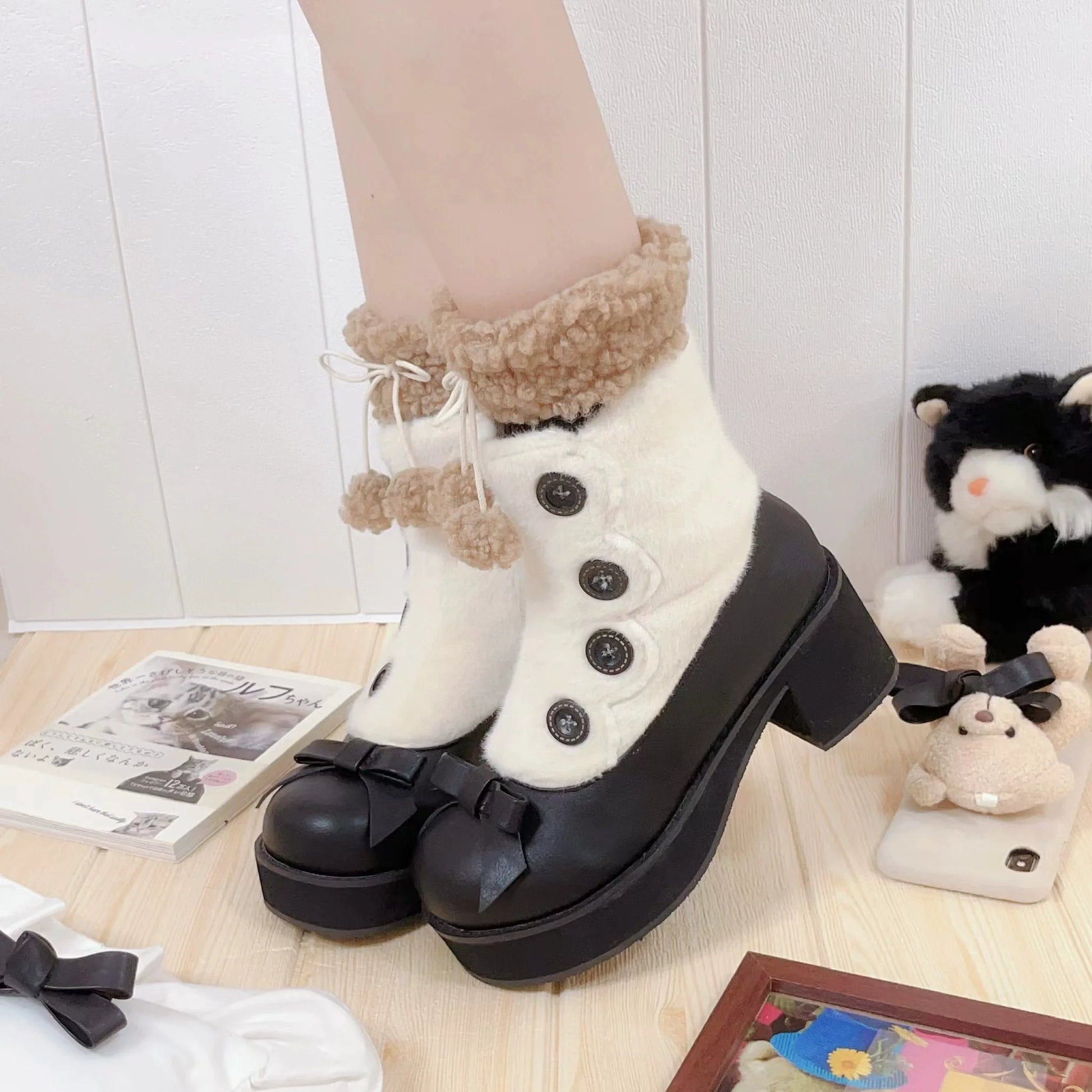 Dolly Doll - Winter Lolita Boots Fur Mary Jane Lolita Low Heel Shoes
