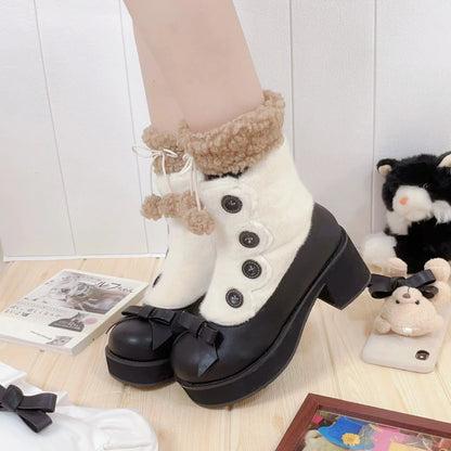 Dolly Doll - Winter Lolita Boots Fur Mary Jane Lolita Low Heel Shoes