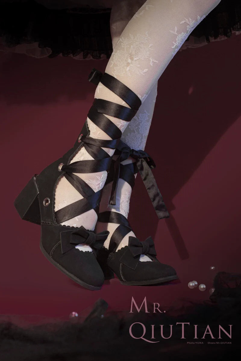 MR.Qiutian - Muse Kiss - Elegant Lolita Shoes Lace-up Bow Heels Round Toe