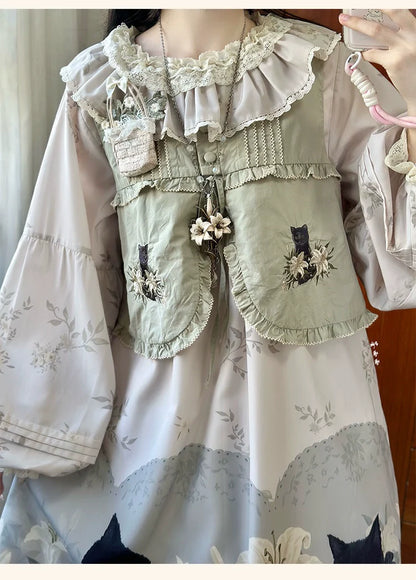 Akiyama Future Studio - Black Cat and Lily - Loose Kawaii Lolita OP Dress with Vest and Hat