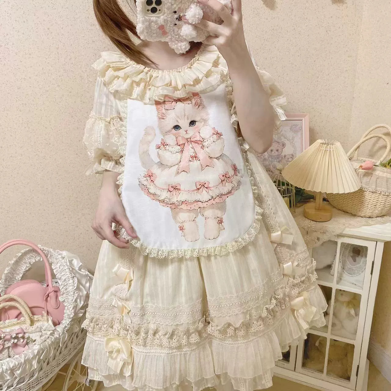 Ilovexiaolu - Meow Lullaby - Cotton Kawaii Lolita OP Dress with Removable Kitty Apron