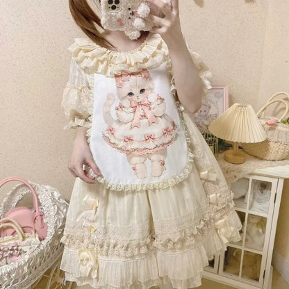 Ilovexiaolu - Meow Lullaby - Cotton Kawaii Lolita OP Dress with Removable Kitty Apron