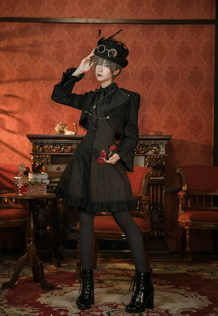 Mr. Yi's Steam Continent - Gothic Lolita Cardigan Long Sleeve Black Short Jacket