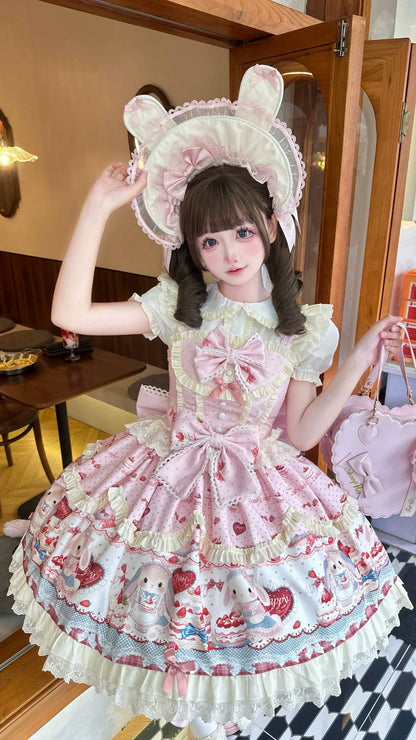 Sweet Dreamland - Bunny Party - Printed Sweet Lolita JSK, Bow Trailing