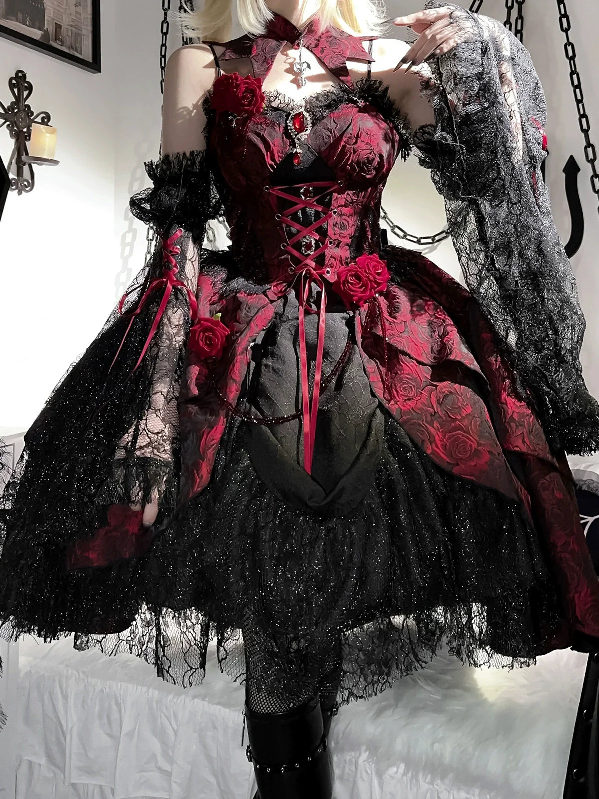 Cornfield Lolita - Rose Blood - Black Red Gothic Lolita JSK Jacquard Court Dress