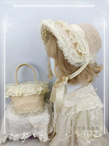 Cocoa Jam - Retro Lolita Hat Hand-basket Ivory Lace Lolita Hat Hand-basket