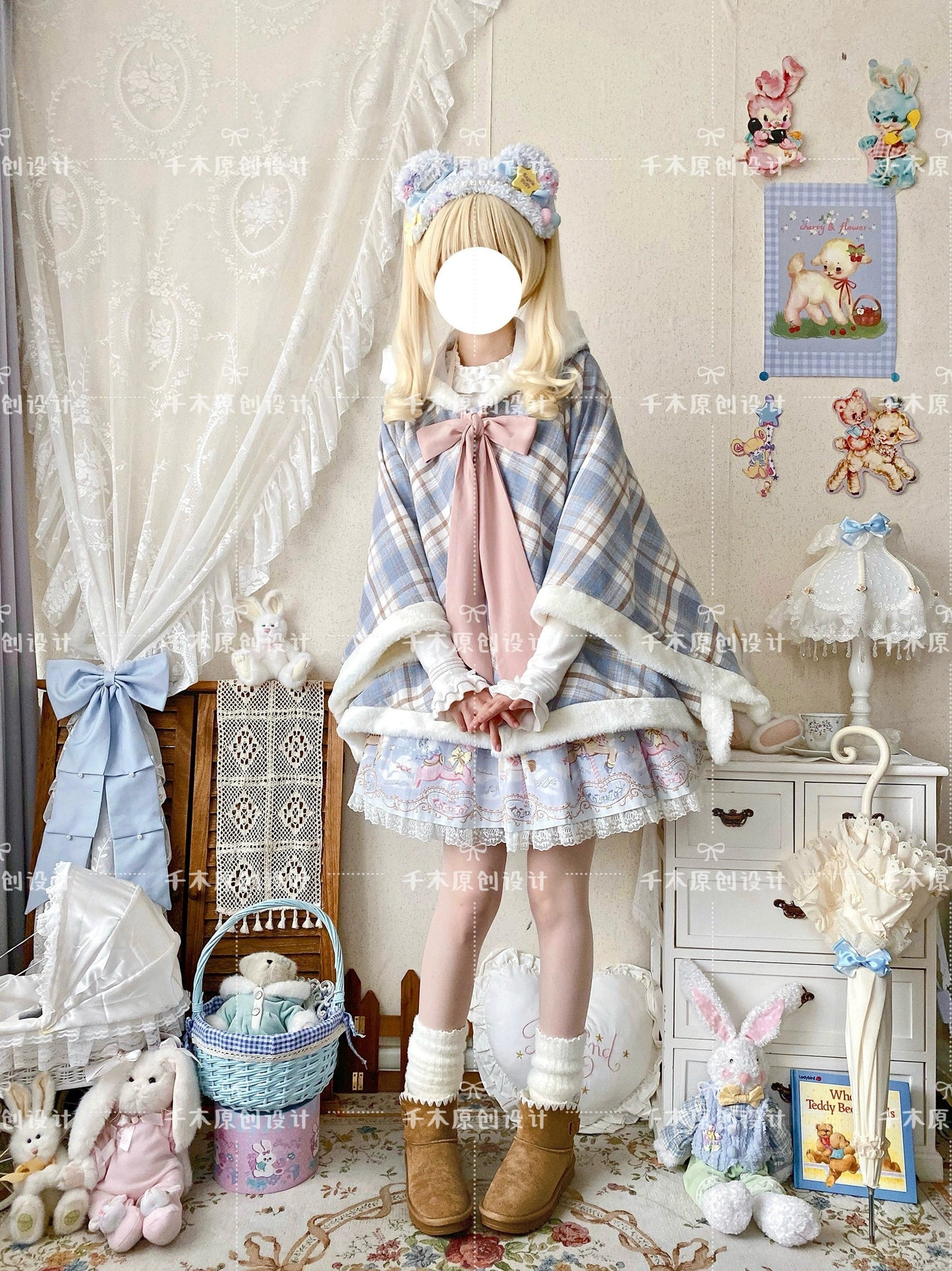 Qianmu - Waffle - Kawaii Lolita Cape Daily Lolita Plaid Hoodie Cloak