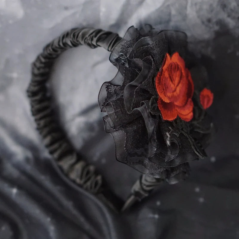 Strange Sugar - Gothic Lolita KC Black Wine Red Ruffled Bow Hair Accessories