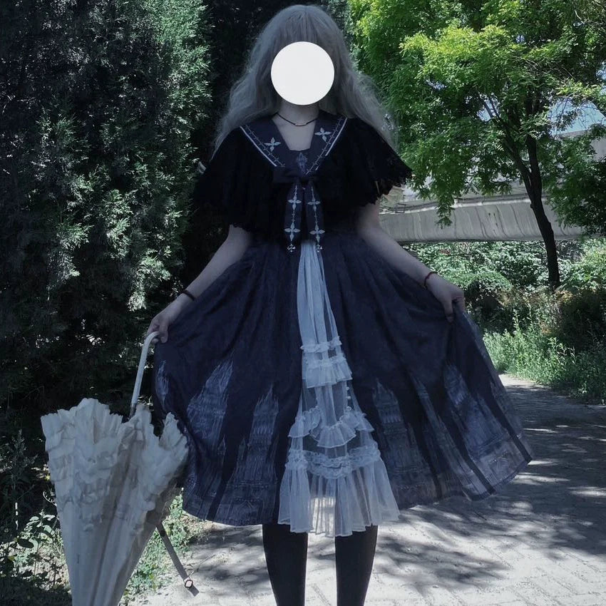 Cornfield Lolita - Silent Church - Gothic Lolita JSK Dress Printed Dress Thin Shawl Set