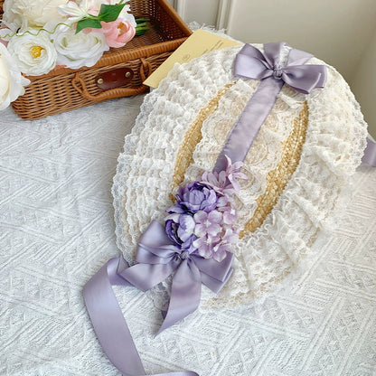 With PUJI - Floral Language - Country Lolita Lace Bow Flat Cap Straw Hat