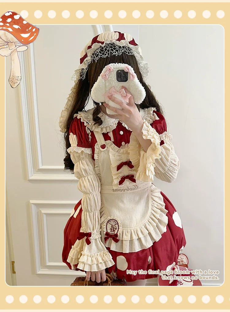 Sakurahime - Mushroom - Kawaii Lolita OP Dress with Apron and Detachable Sleeves