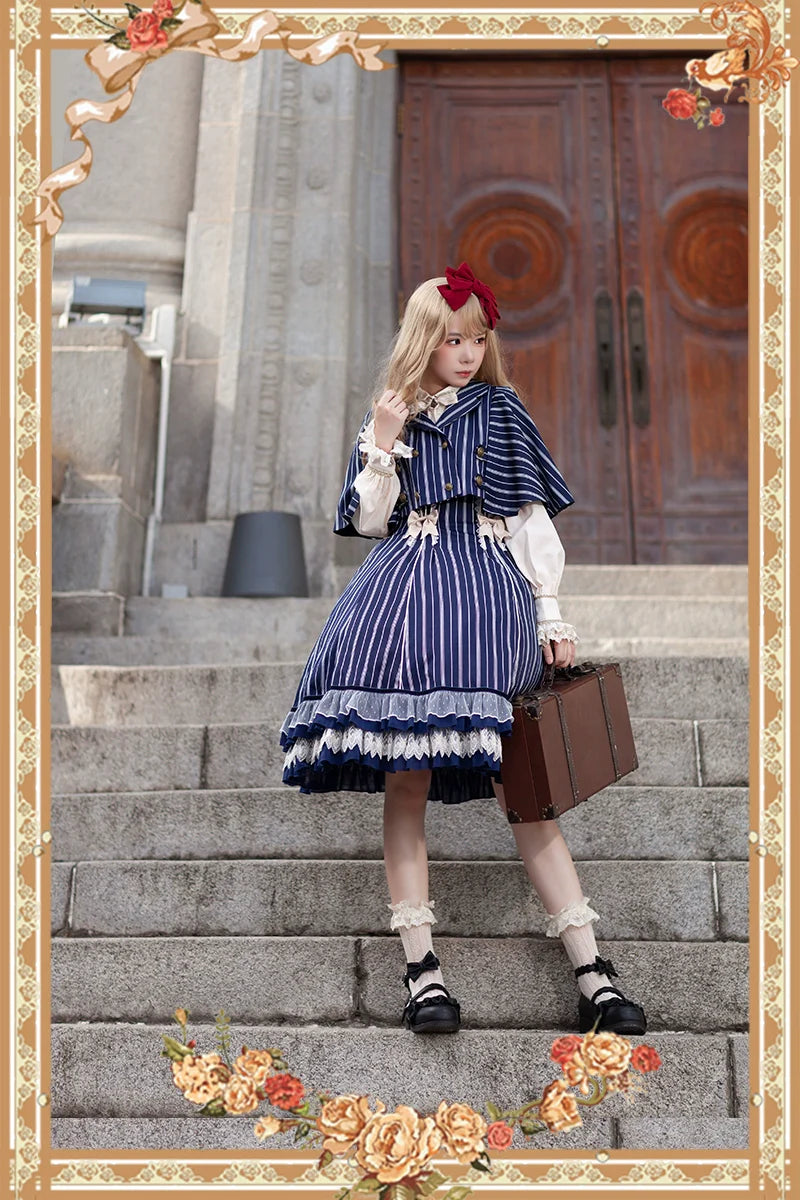 Infanta - Elegant Lolita Stripe High-waist Jumper Dress Set and Cape