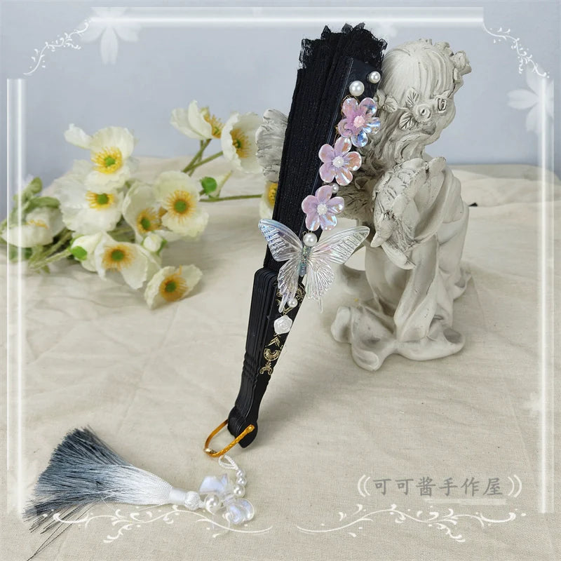 Cocoa Jam - Han Lolita Fan Decorative Folding Fan with Butterfly and Flowers Tassel