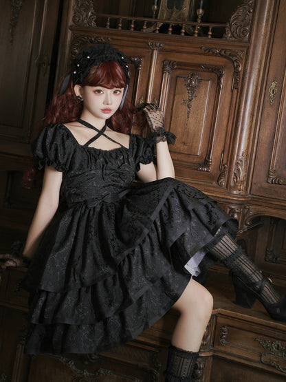 Eieyomi - Thorn Rose - Gothic Lolita Three-layer Ruffle Black OP