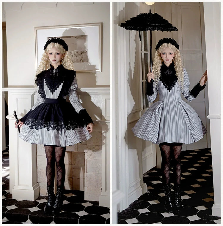 With PUJI - Nocturne SP - Striped Gothic Lolita OP Twin Lolita Dress with Apron