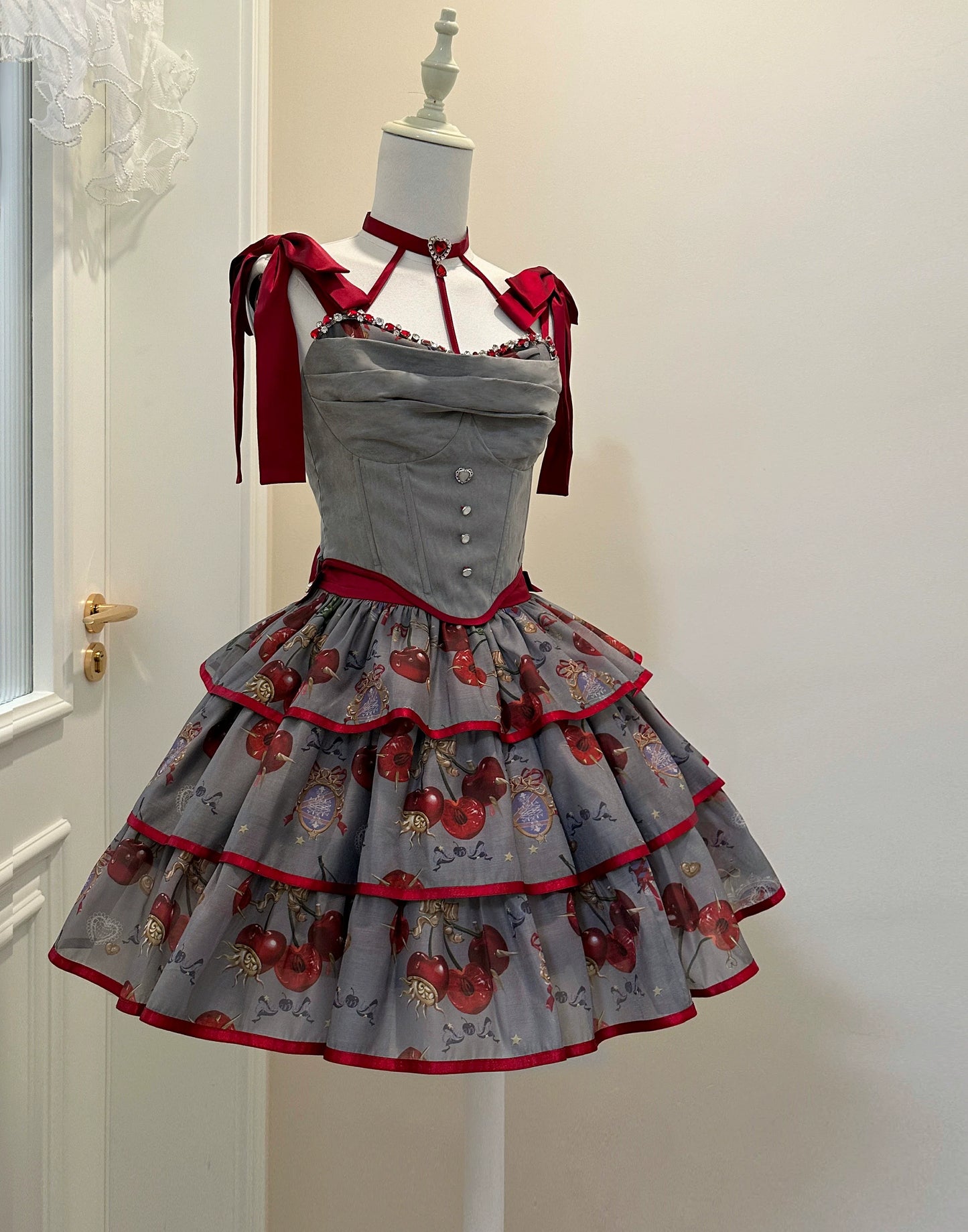 Gloaming - Sweet Lolita Cherry print Short Sleeve OP and SK Set