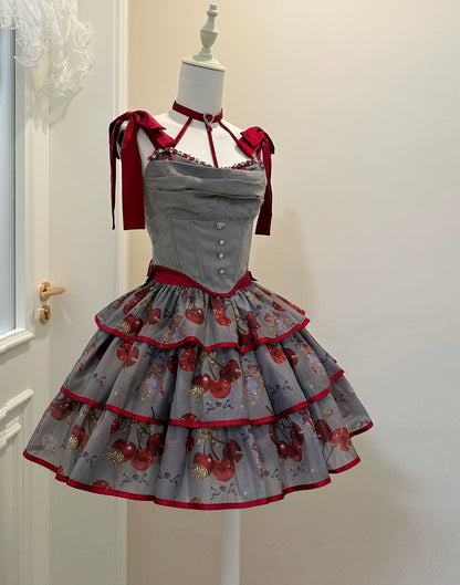 Gloaming - Sweet Lolita Cherry print Short Sleeve OP and SK Set