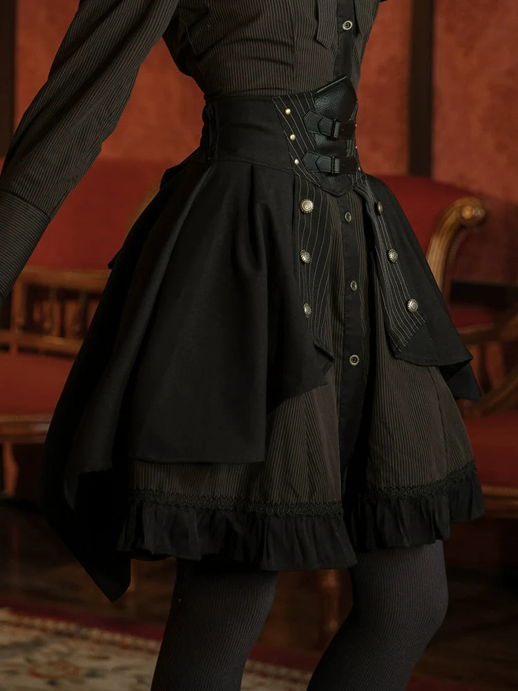 Mr. Yi's Steam Continent - Gothic Lolita Skirt Black High-Waisted Leather Waistband Skirt