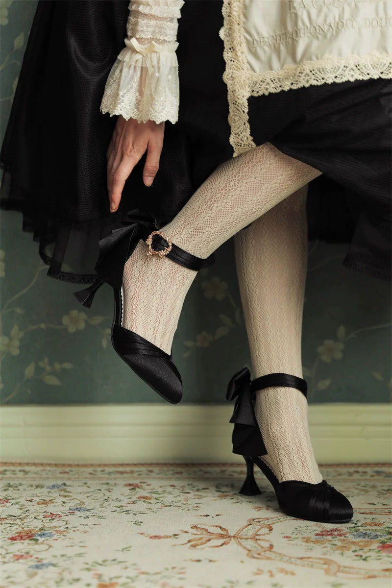 MR.Qiutian - Coronation - Elegant Lolita Shoes Satin Heels With Rose Buckle & Bow Clip