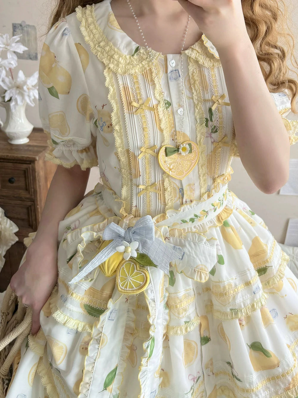 Miss Point - Lemon Chick - Country Lolita Printed OP With Button Front