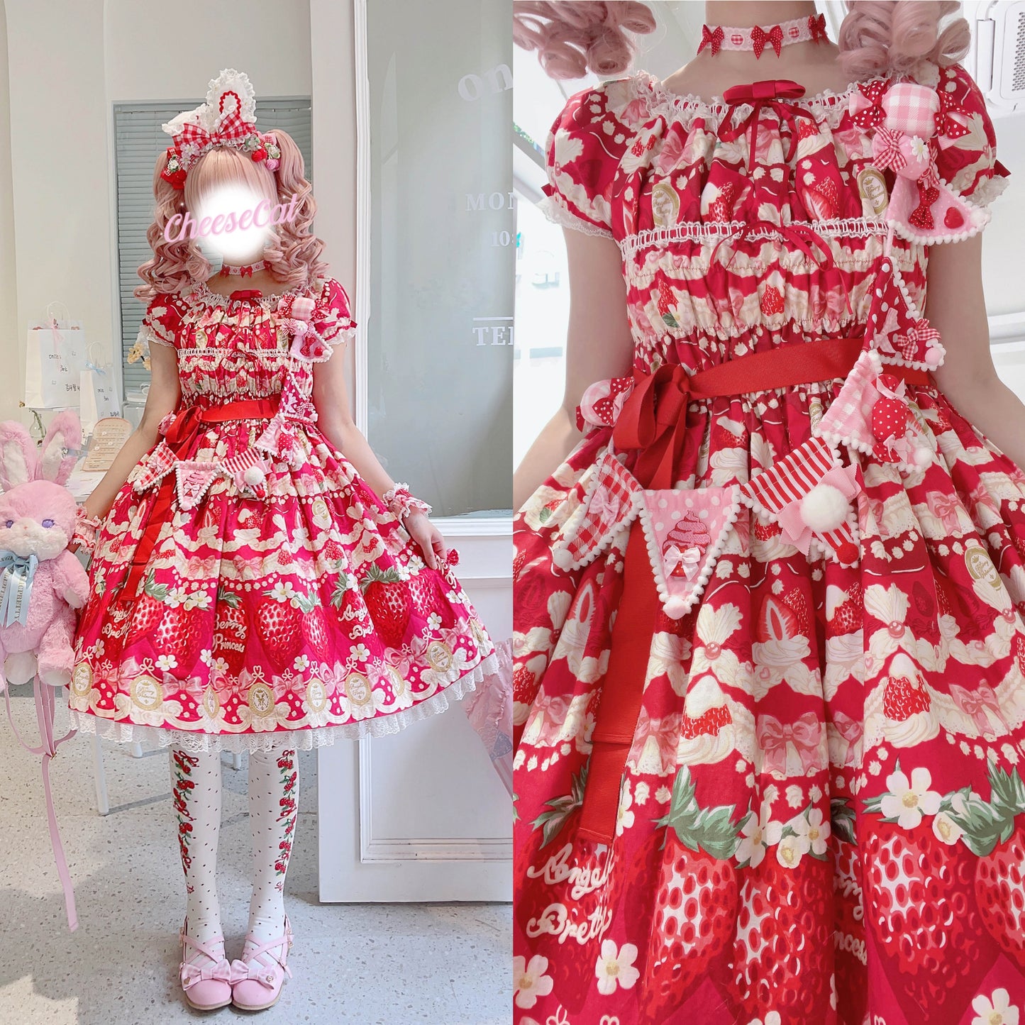 Cheese Cat - Sweet Lolita Plaid Candy Bow Flags Brooch