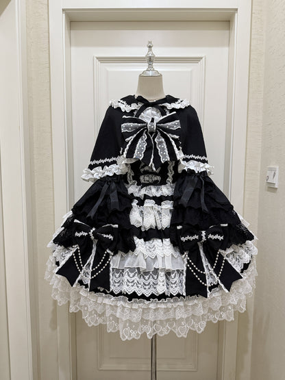 Hanguliang - Cross Heart Knot - Sweet Lolita JSK Suit Tiered Ruffles Dress with Lace Blouse