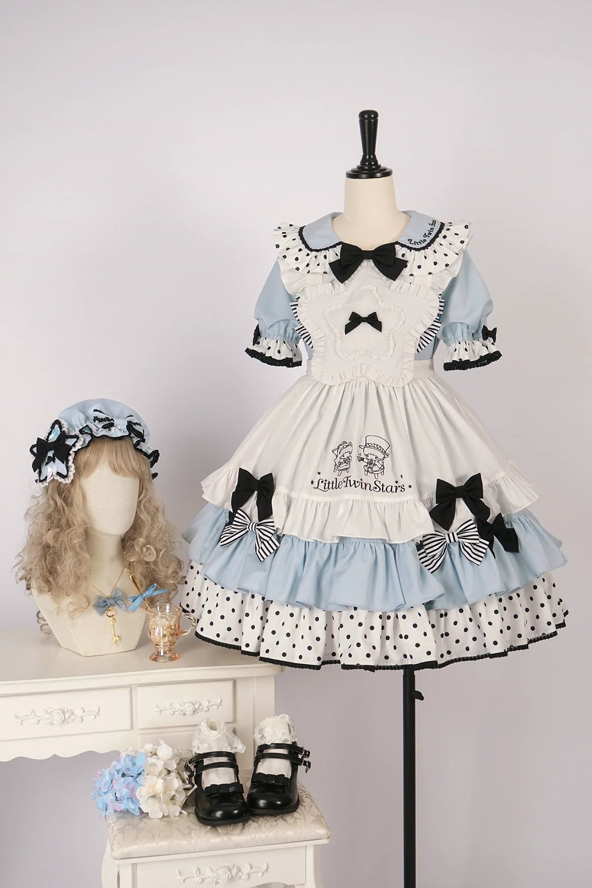 Vcastle - Sweet Lolita OP Dress Splicing Sleeve Apron Dot Print Dress