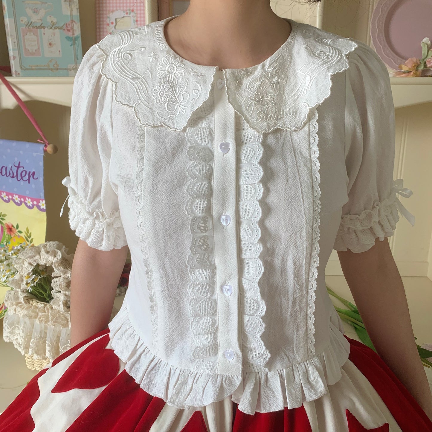 Flower Banquet - Kawaii Lolita Cotton Bunny Embroidery Blouse