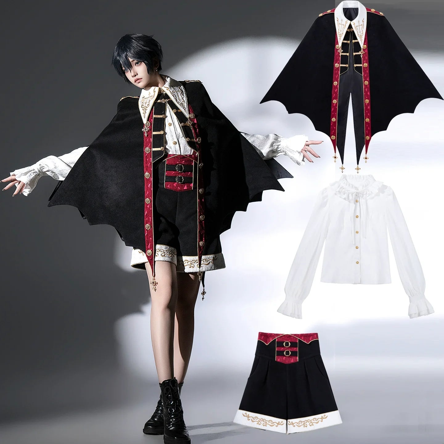 Your Princess - Vampire Youth - Ouji Lolita Bat Shaped Cape Set, Gold Embroidery & Red Accents
