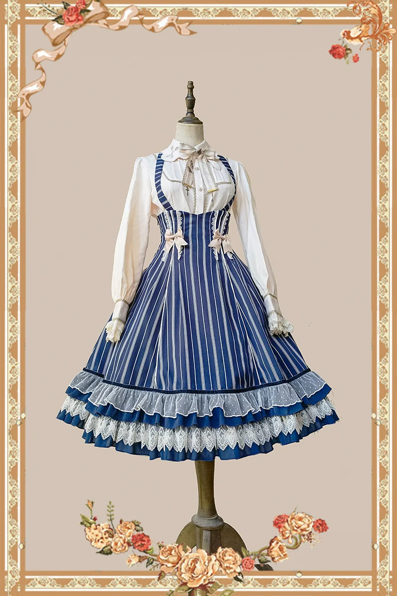 Infanta - Elegant Lolita Stripe High-waist Jumper Dress Set and Cape