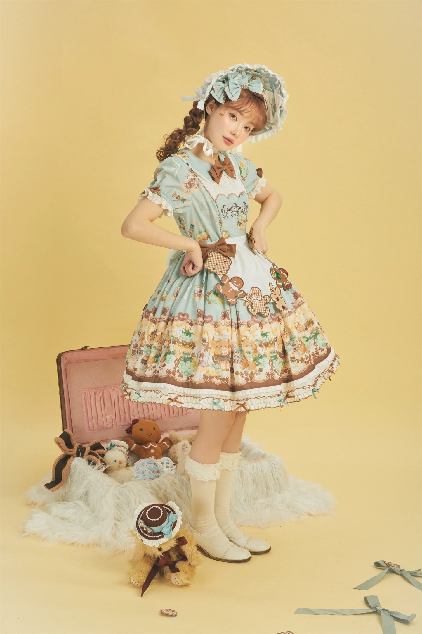 Babyblue - Little Bear Honey Jar - Kawaii Lolita Short Sleeve OP Gingerbread Man Embroidered Dress