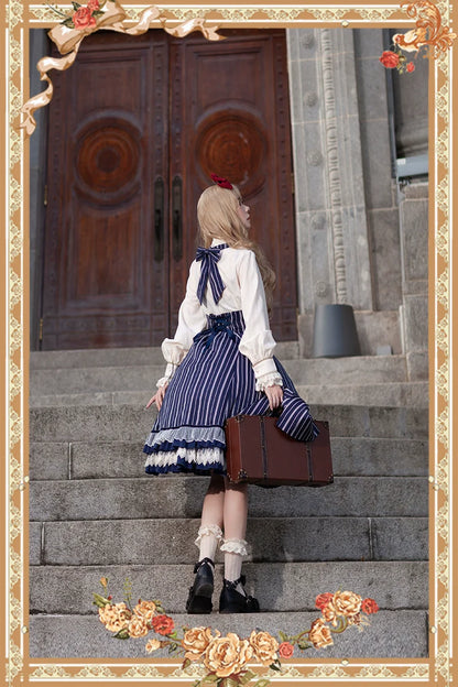 Infanta - Elegant Lolita Stripe High-waist Jumper Dress Set and Cape