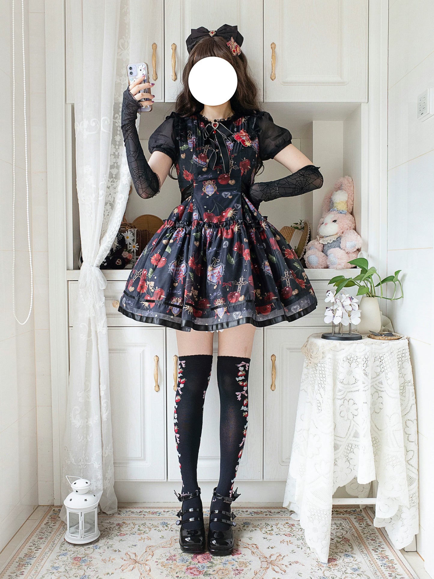 Gloaming - Sweet Lolita Cherry print Short Sleeve OP and SK Set