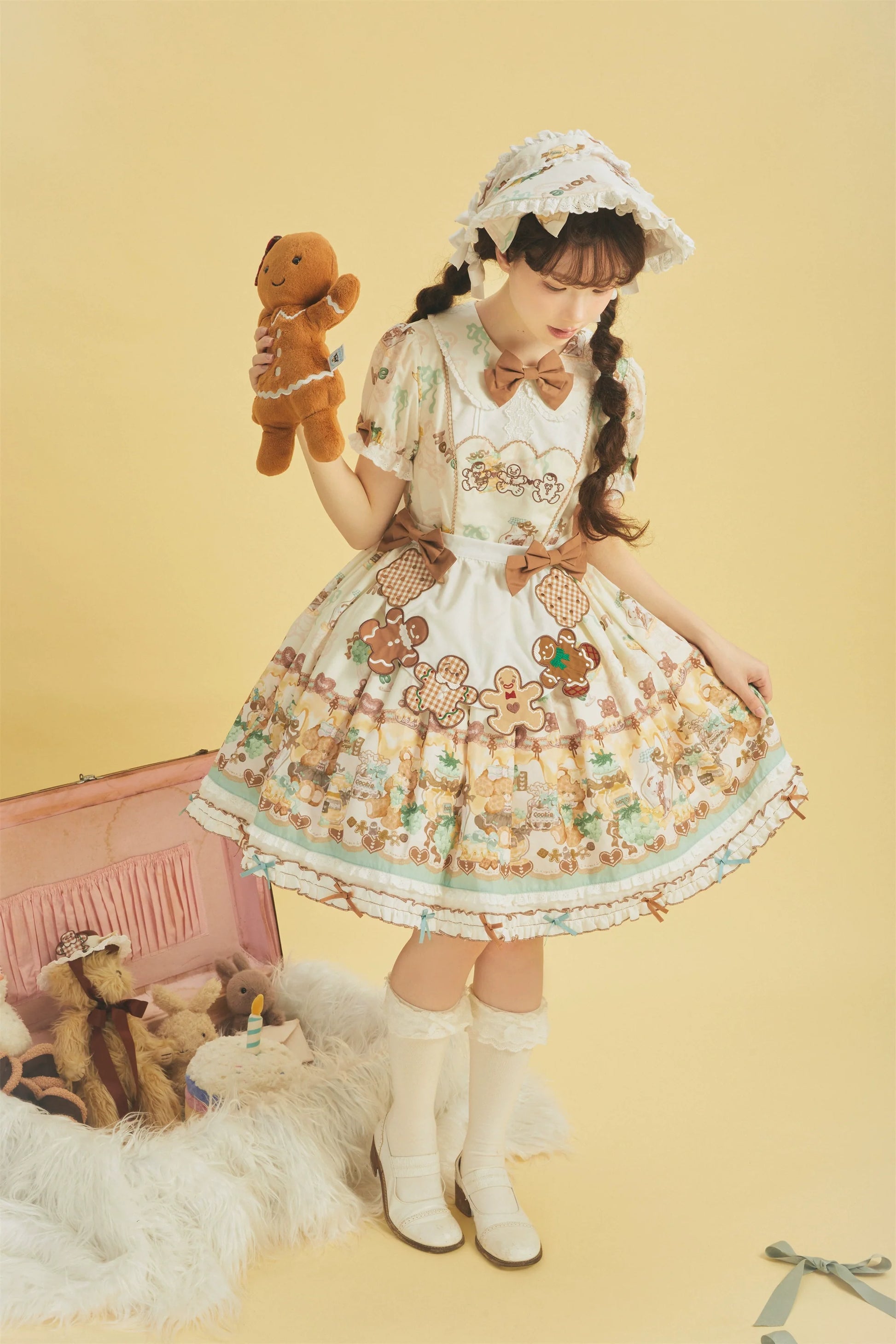 Babyblue - Little Bear Honey Jar - Kawaii Lolita Short Sleeve OP Gingerbread Man Embroidered Dress
