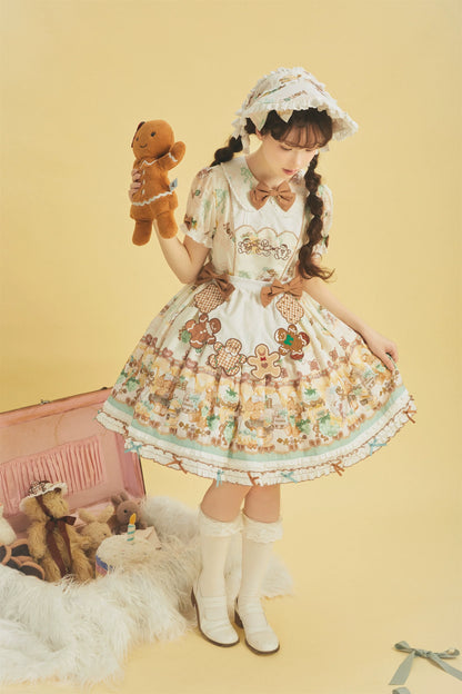 Babyblue - Little Bear Honey Jar - Kawaii Lolita Short Sleeve OP Gingerbread Man Embroidered Dress