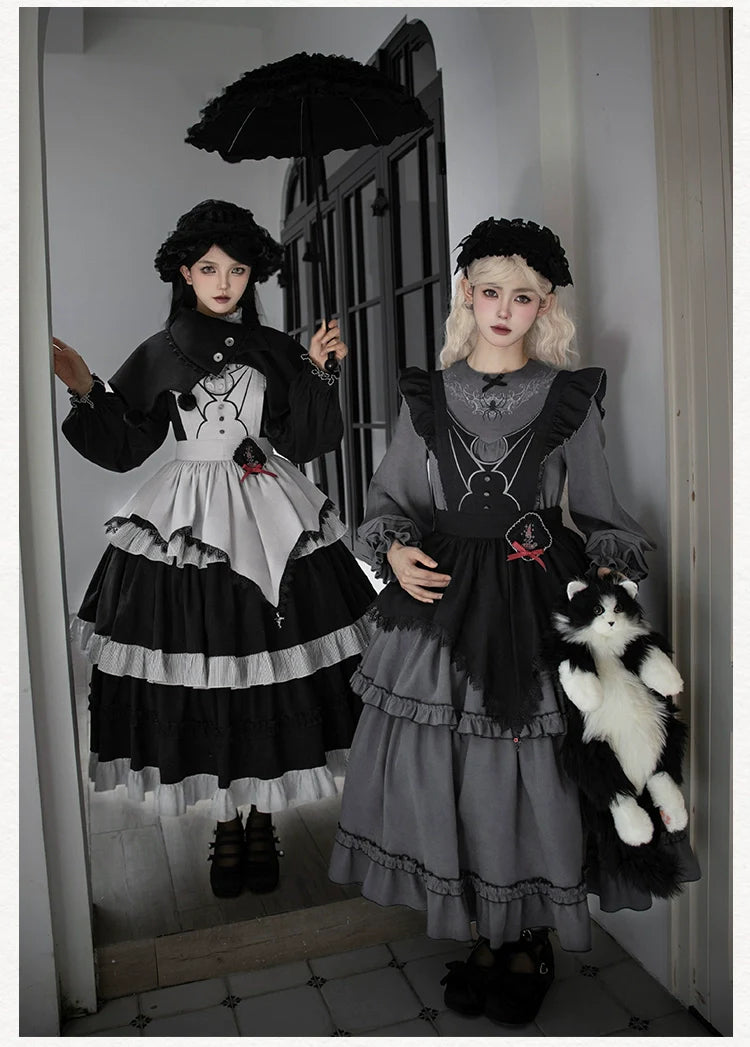 With PUJI - Castle Night - Gothic Twins Lolita OP Three-tiered Embroidery Dress