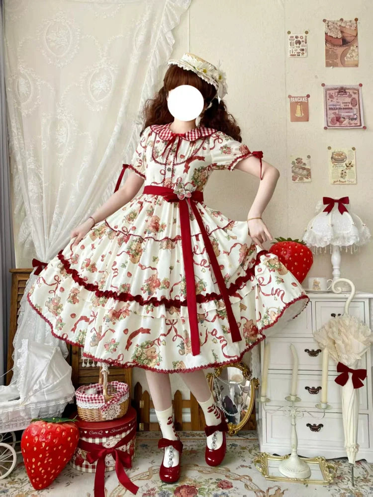 Qianmu - The Bear's Strawberry Field - Daily Lolita OP Dress With Petal Collar & Bear Strawberry Print