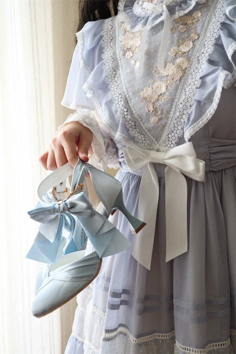 MR.Qiutian - Coronation - Elegant Lolita Shoes Satin Heels With Rose Buckle & Bow Clip